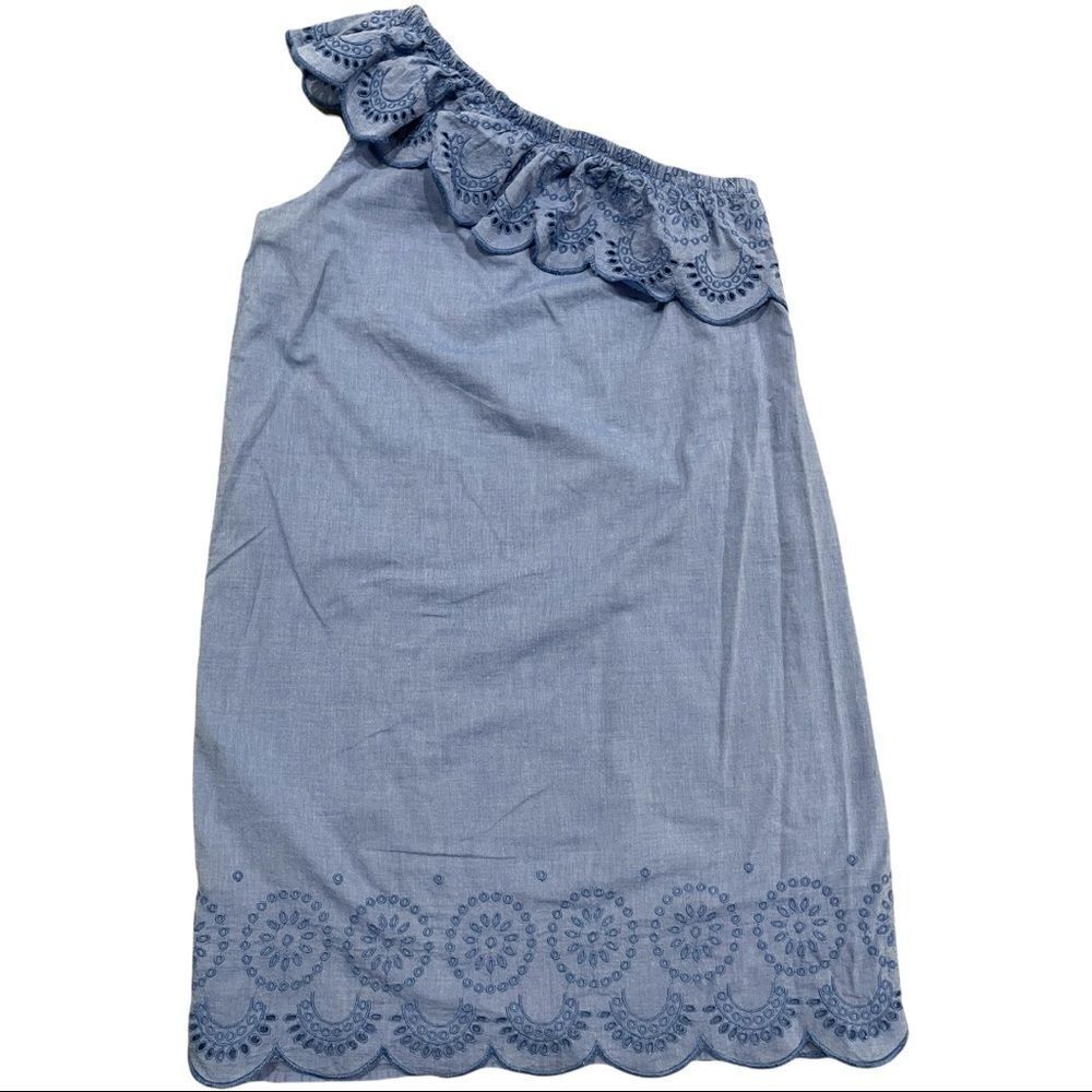 vineyard Vines Blue One Shoulder Eyelet Ruffle Chambray Dress Sz XS